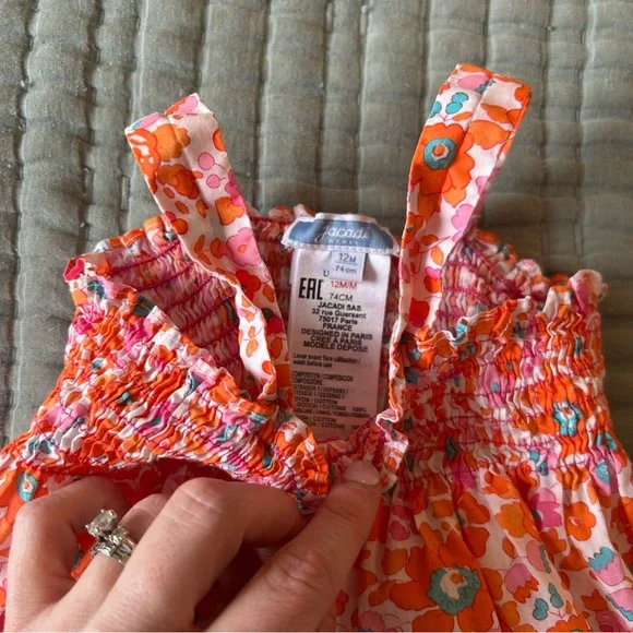 Jacadi Paris Liberty Fabric Floral Pink and Orange Sundress size 12 m